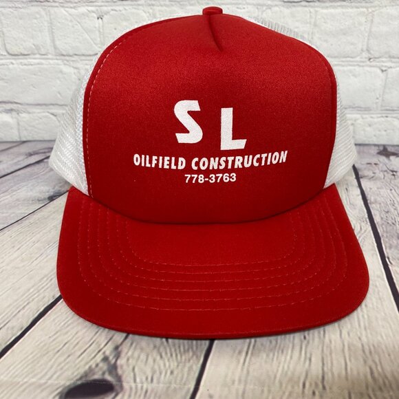 Vintage Trucker Hat Mesh Cap Snapback Red White S L Oilfield Construction - Picture 5 of 8